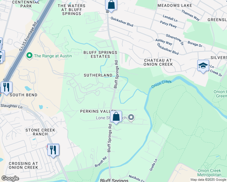 map of restaurants, bars, coffee shops, grocery stores, and more near 8305 Bluff Springs Road in Austin