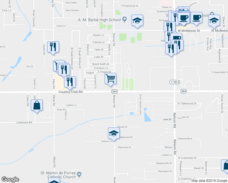 map of restaurants, bars, coffee shops, grocery stores, and more near 4398 Weaver Road in Lake Charles