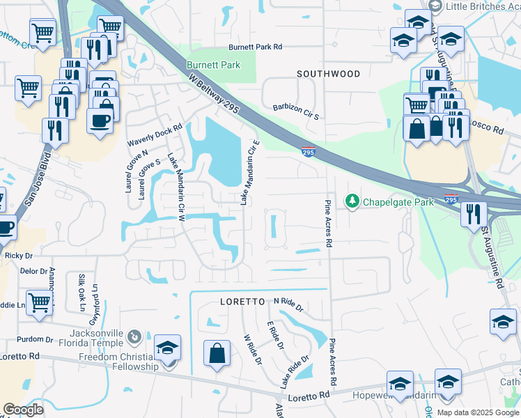 map of restaurants, bars, coffee shops, grocery stores, and more near 11430 Tiara Way East in Jacksonville
