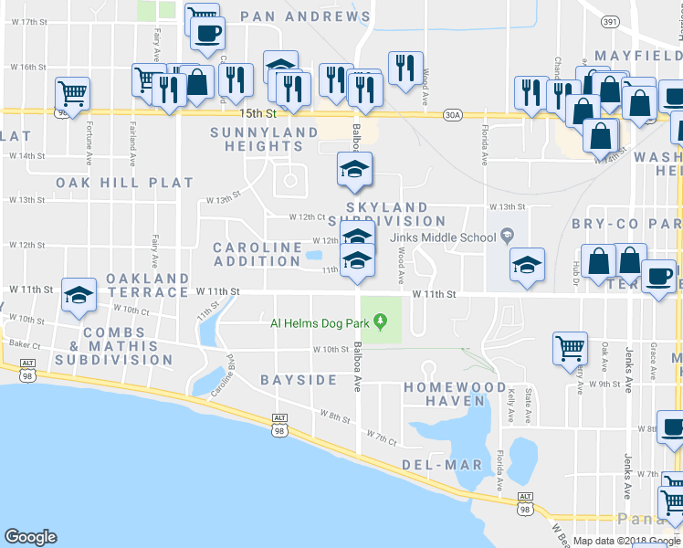 map of restaurants, bars, coffee shops, grocery stores, and more near 1135 Balboa Avenue in Panama City