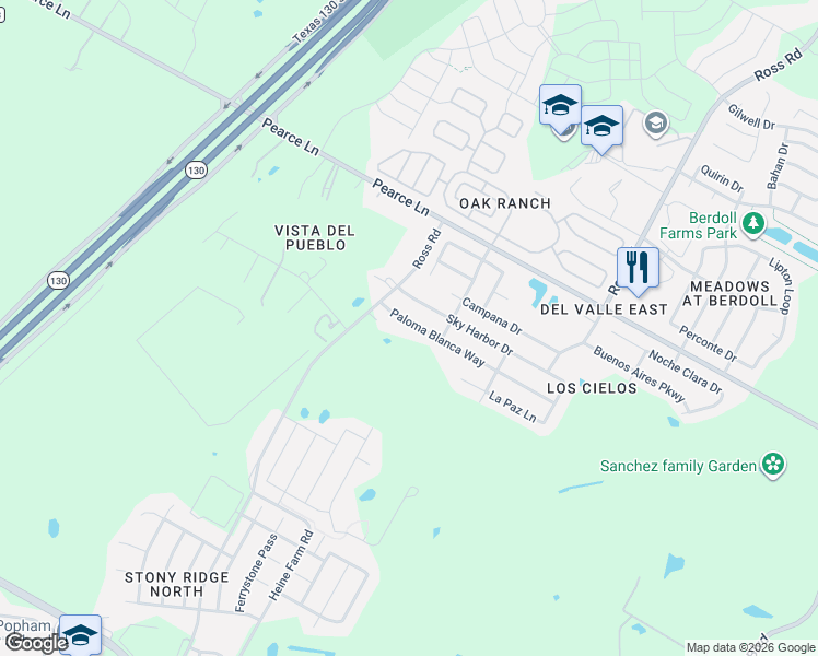 map of restaurants, bars, coffee shops, grocery stores, and more near 12225 Sky Harbor Drive in Del Valle