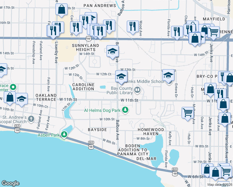 map of restaurants, bars, coffee shops, grocery stores, and more near 1131 Balboa Avenue in Panama City