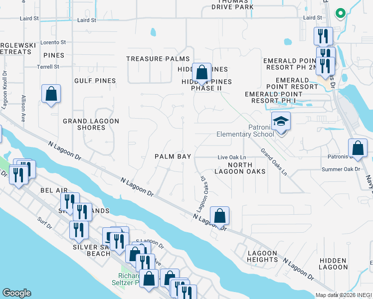 map of restaurants, bars, coffee shops, grocery stores, and more near 143 Palm Grove Boulevard in Panama City