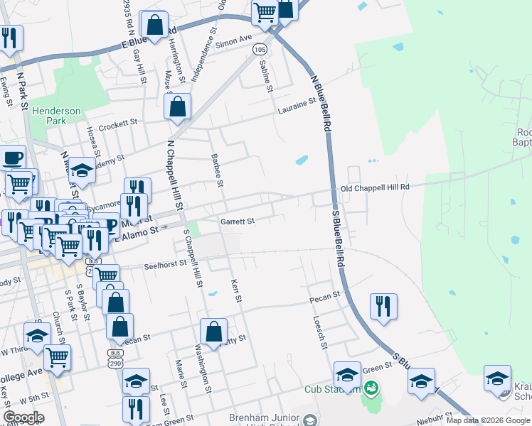 map of restaurants, bars, coffee shops, grocery stores, and more near 1313 East Alamo Street in Brenham