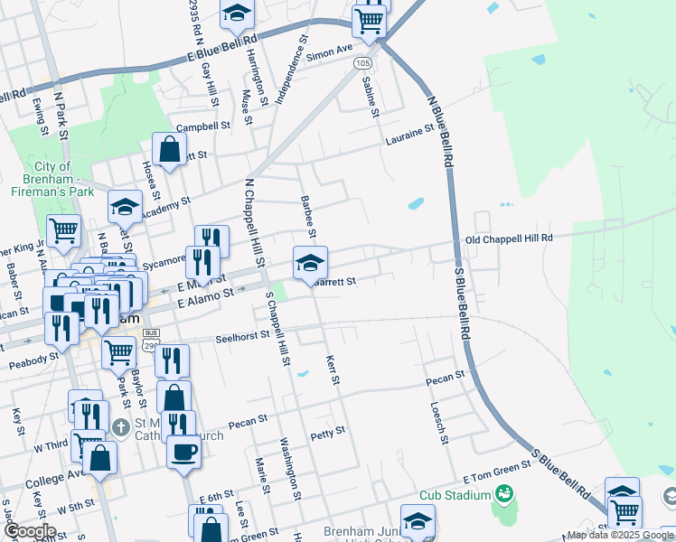 map of restaurants, bars, coffee shops, grocery stores, and more near 1204 East Main Street in Brenham