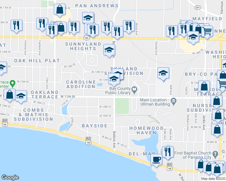map of restaurants, bars, coffee shops, grocery stores, and more near 1135 Balboa Avenue in Panama City