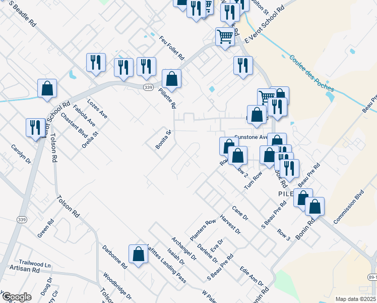 map of restaurants, bars, coffee shops, grocery stores, and more near 422 Vieux Orleans Circle in Lafayette