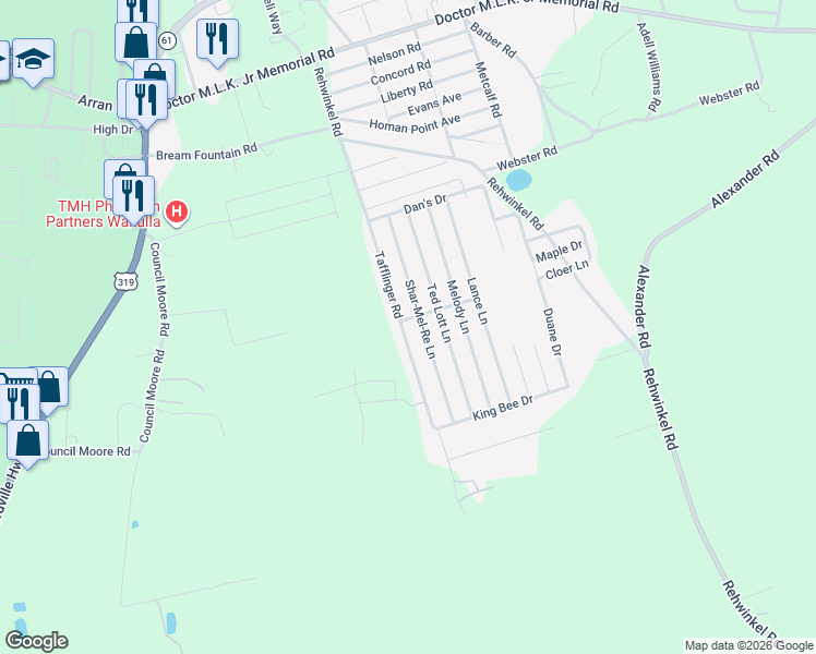 map of restaurants, bars, coffee shops, grocery stores, and more near 157 Tafflinger Road in Crawfordville
