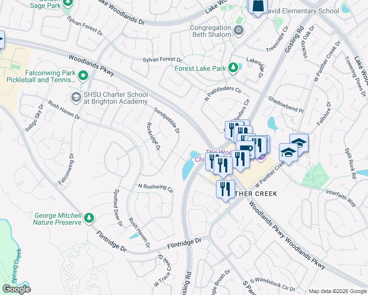 map of restaurants, bars, coffee shops, grocery stores, and more near 191 Sandpebble Drive in Spring
