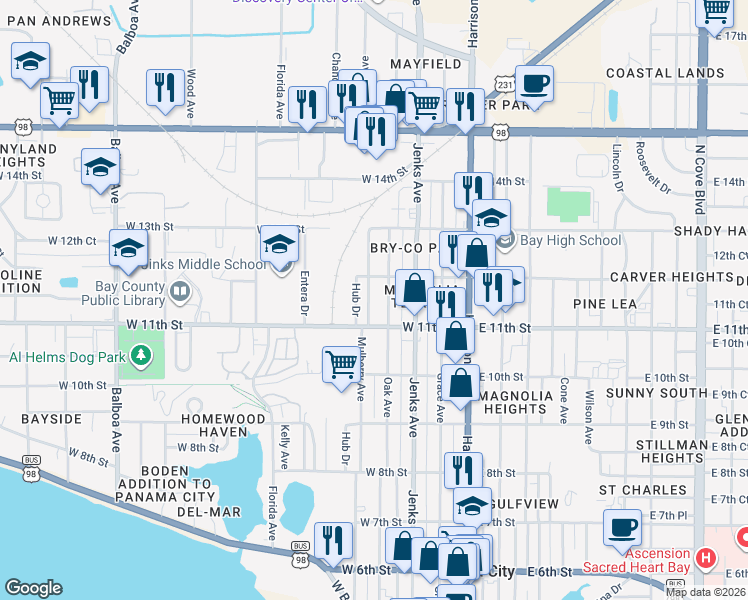 map of restaurants, bars, coffee shops, grocery stores, and more near 1159 Mulberry Avenue in Panama City