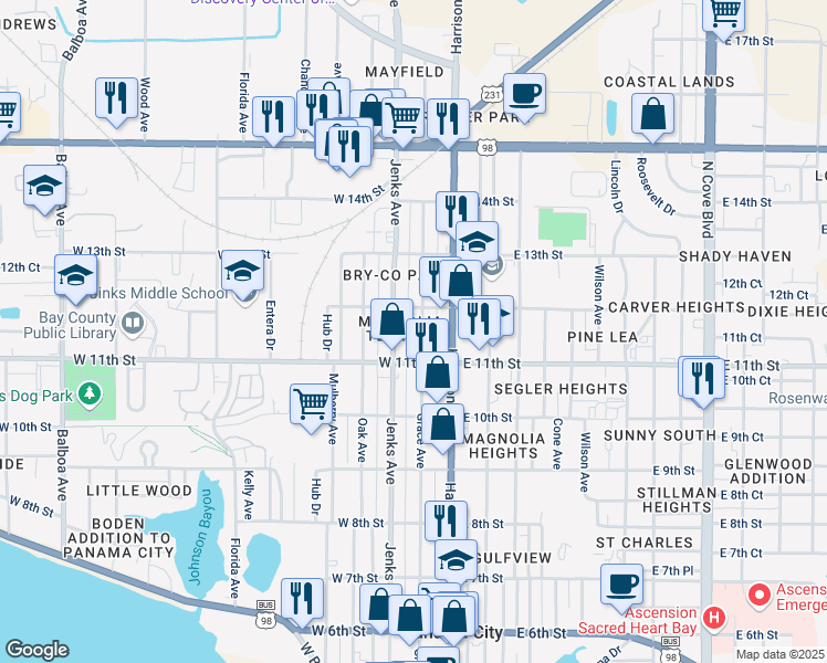map of restaurants, bars, coffee shops, grocery stores, and more near 105 West 12th Street in Panama City