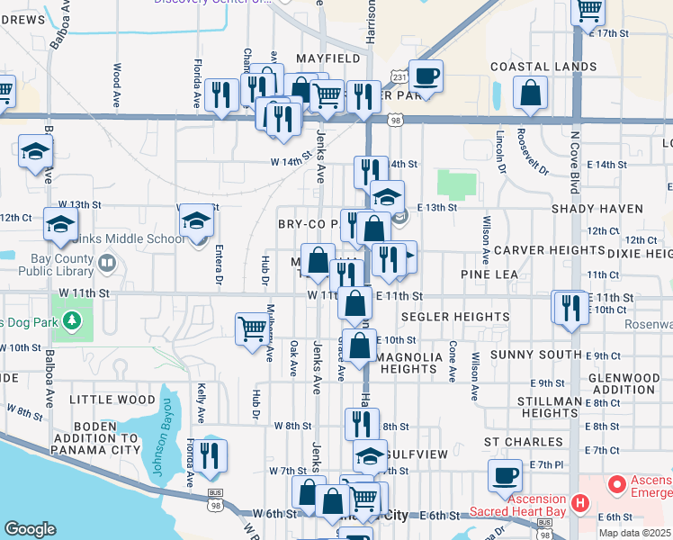 map of restaurants, bars, coffee shops, grocery stores, and more near 105 West 12th Street in Panama City