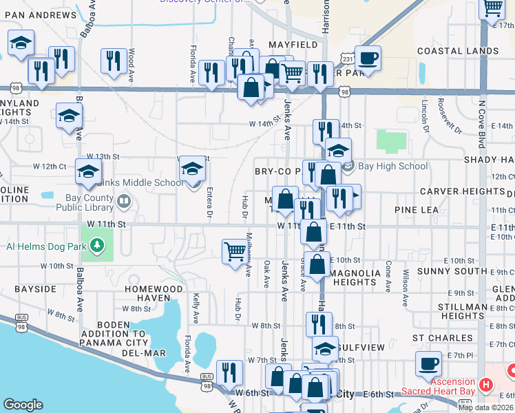 map of restaurants, bars, coffee shops, grocery stores, and more near 1159 Mulberry Avenue in Panama City