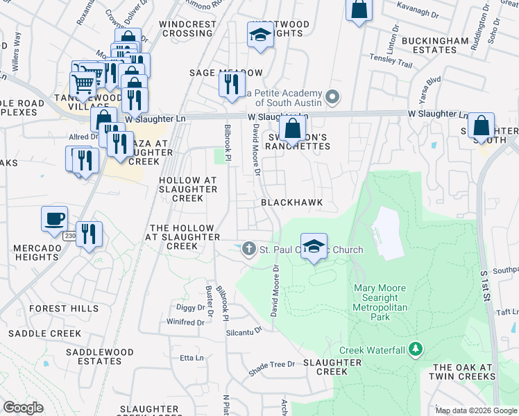 map of restaurants, bars, coffee shops, grocery stores, and more near 9642-9836 David Moore Drive in Austin
