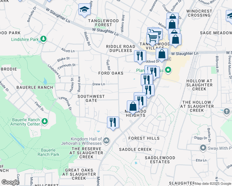 map of restaurants, bars, coffee shops, grocery stores, and more near 10330 Old Manchaca Road in Austin