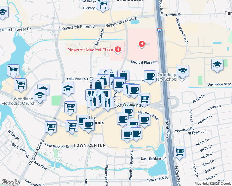 map of restaurants, bars, coffee shops, grocery stores, and more near in Spring