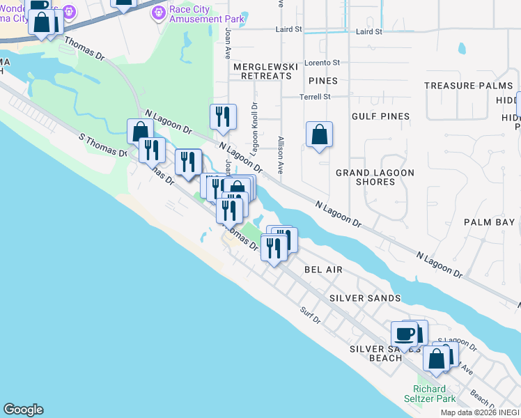 map of restaurants, bars, coffee shops, grocery stores, and more near 8730 Thomas Drive in Panama City