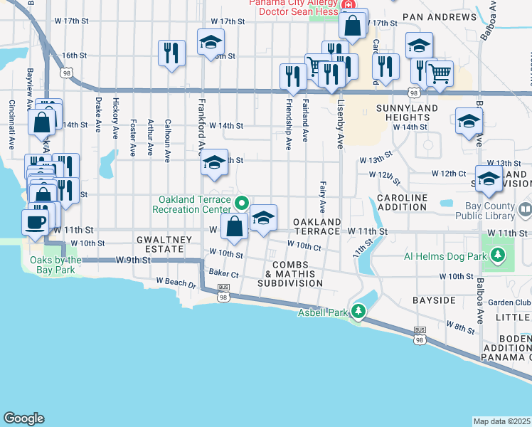 map of restaurants, bars, coffee shops, grocery stores, and more near 1114 Flower Avenue in Panama City