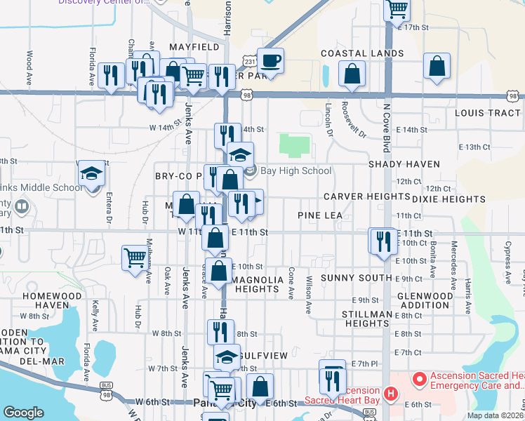 map of restaurants, bars, coffee shops, grocery stores, and more near 1112 Mc Kenzie Avenue in Panama City