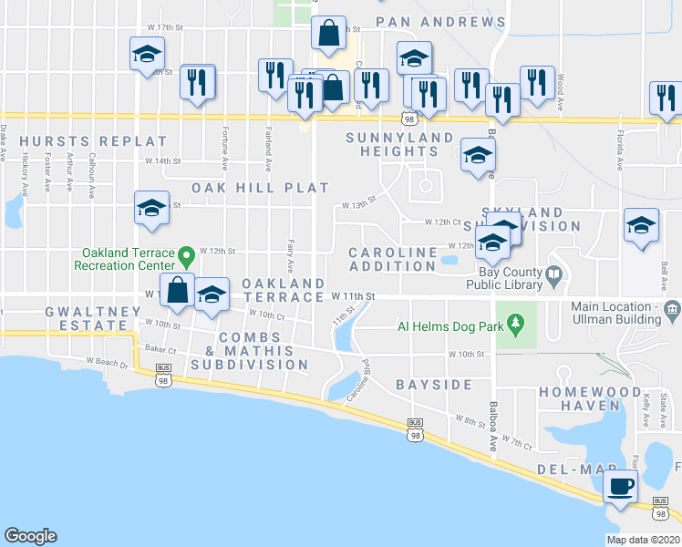map of restaurants, bars, coffee shops, grocery stores, and more near 1325 West 12th Street in Panama City