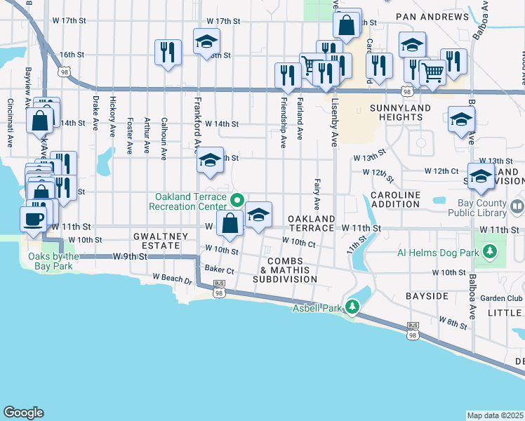 map of restaurants, bars, coffee shops, grocery stores, and more near 1116 Fortune Avenue in Panama City