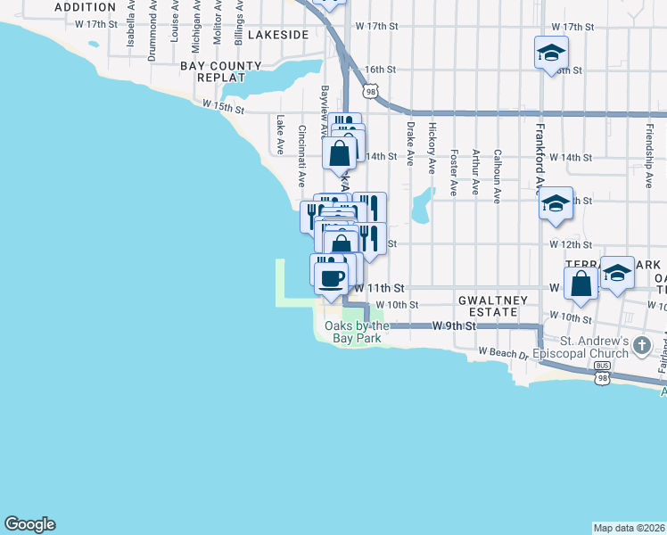 map of restaurants, bars, coffee shops, grocery stores, and more near 1120 Bayview Avenue in Panama City