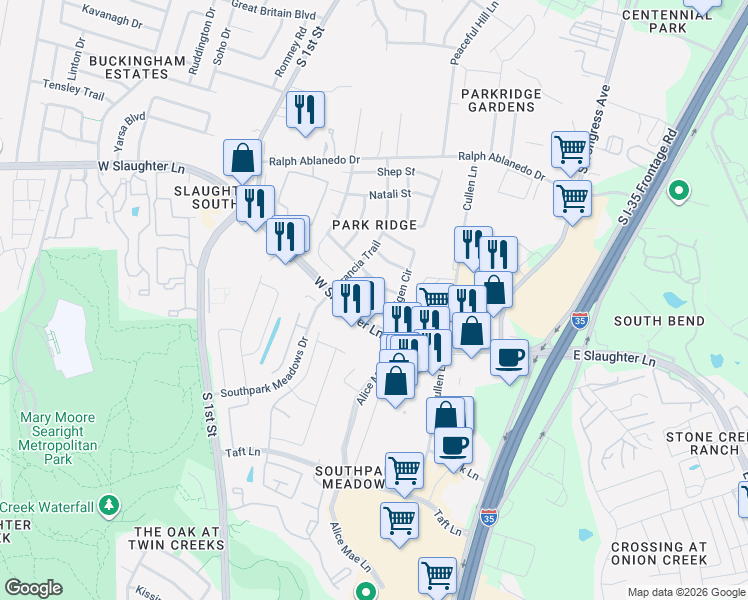 map of restaurants, bars, coffee shops, grocery stores, and more near 313 Shant Street in Austin