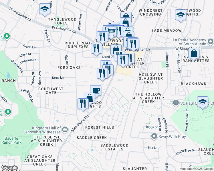 map of restaurants, bars, coffee shops, grocery stores, and more near 10206 Laredo Drive in Austin