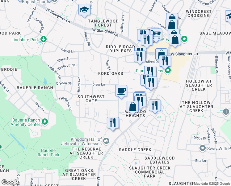 map of restaurants, bars, coffee shops, grocery stores, and more near 10330 Old Manchaca Road in Austin