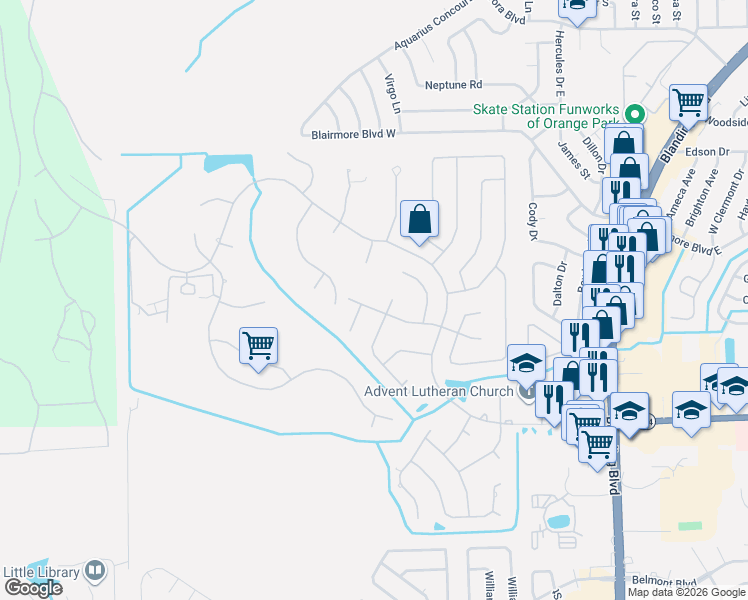 map of restaurants, bars, coffee shops, grocery stores, and more near 640 Kilchurn Drive in Orange Park