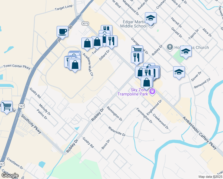 map of restaurants, bars, coffee shops, grocery stores, and more near 1000 Robley Drive in Lafayette