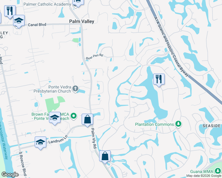 map of restaurants, bars, coffee shops, grocery stores, and more near 124 Strong Branch Drive in Ponte Vedra Beach