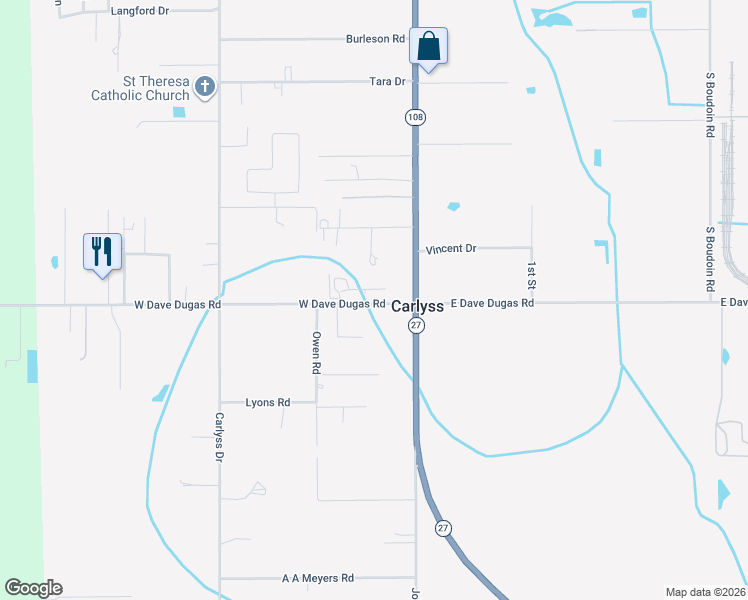 map of restaurants, bars, coffee shops, grocery stores, and more near 153 West Dave Dugas Road in Sulphur