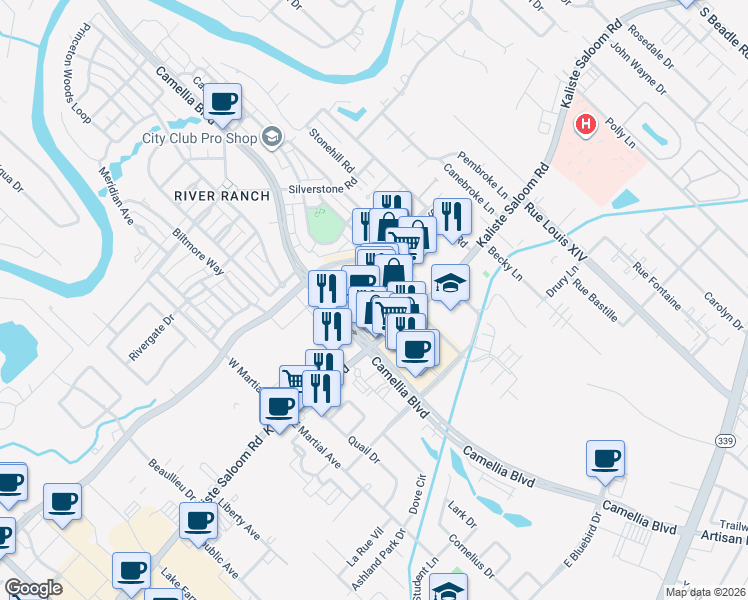 map of restaurants, bars, coffee shops, grocery stores, and more near 129 River Ranch Blvd in Lafayette