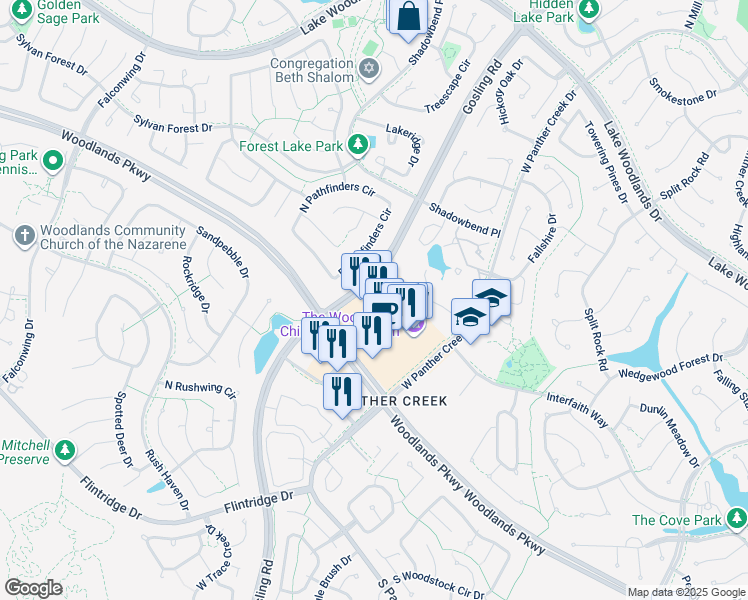 map of restaurants, bars, coffee shops, grocery stores, and more near 10556 Gosling Road in The Woodlands