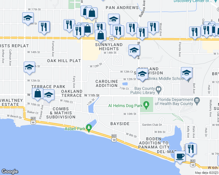 map of restaurants, bars, coffee shops, grocery stores, and more near 1198 11th Court in Panama City