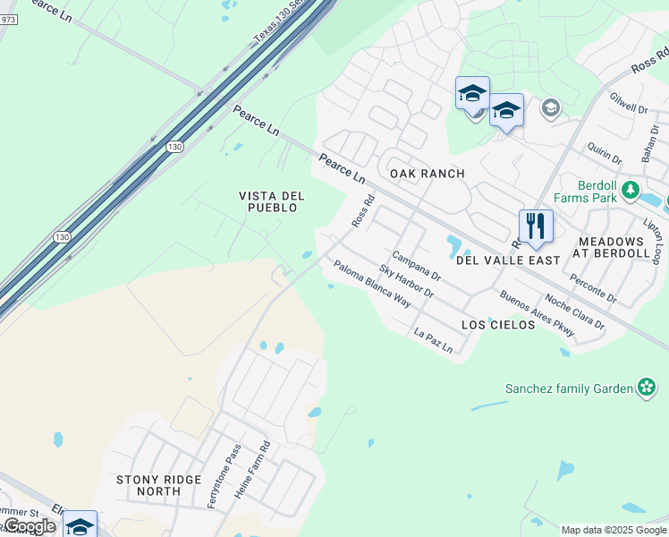 map of restaurants, bars, coffee shops, grocery stores, and more near 12201 Paloma Blanca Way in Del Valle