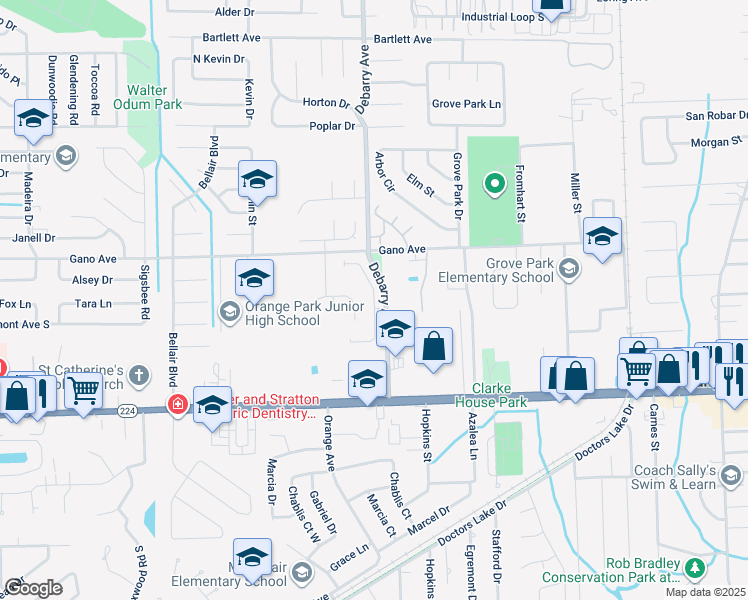 map of restaurants, bars, coffee shops, grocery stores, and more near Slash Pine Court in Orange Park