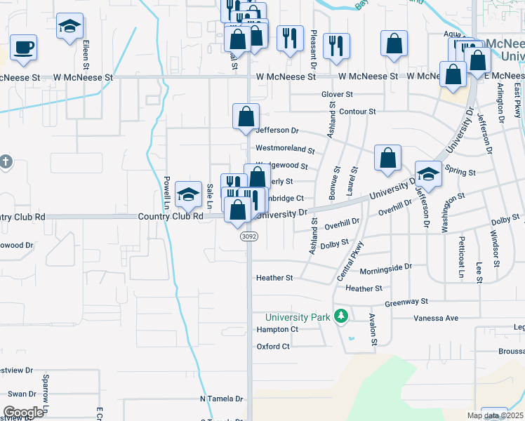 map of restaurants, bars, coffee shops, grocery stores, and more near 1409 Cambridge Ct in Lake Charles