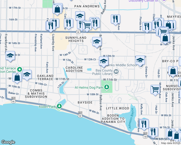 map of restaurants, bars, coffee shops, grocery stores, and more near 1044 11th Court in Panama City