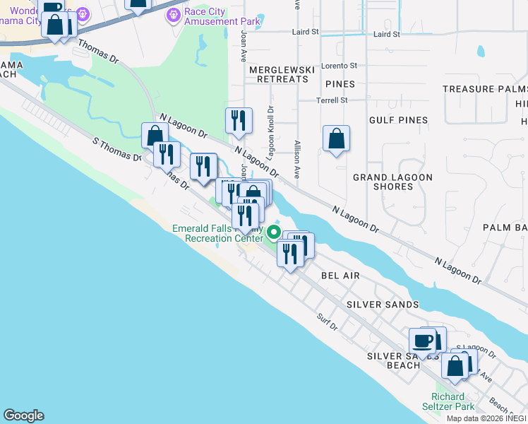 map of restaurants, bars, coffee shops, grocery stores, and more near 4730 Thomas Drive in Panama City Beach