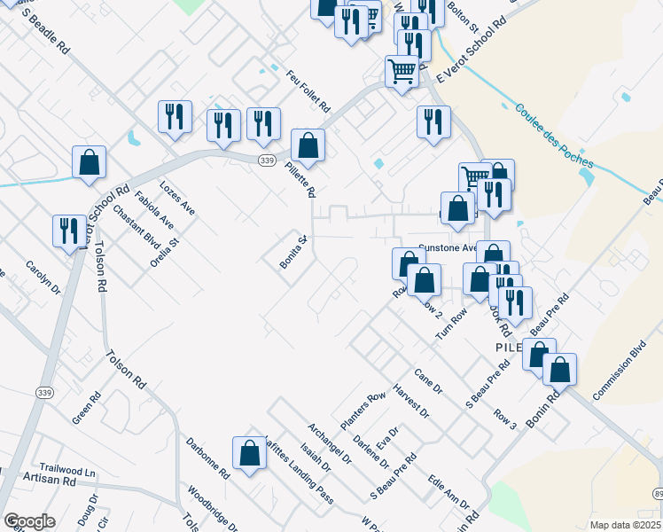 map of restaurants, bars, coffee shops, grocery stores, and more near 422 Vieux Orleans Circle in Lafayette