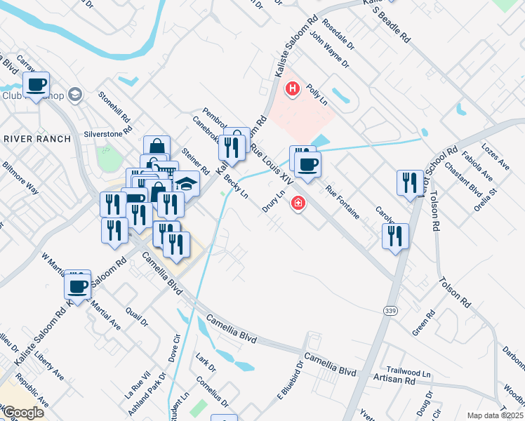 map of restaurants, bars, coffee shops, grocery stores, and more near 300 Drury Lane in Lafayette