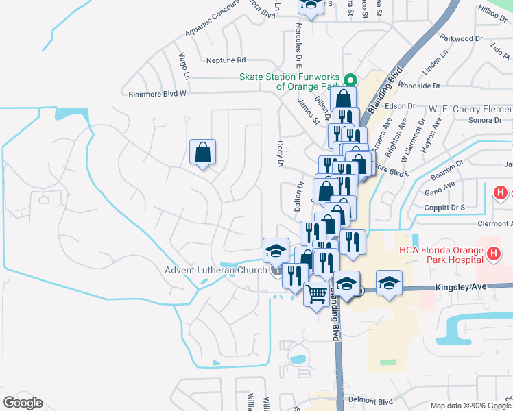 map of restaurants, bars, coffee shops, grocery stores, and more near 341 Glenlyon Drive in Orange Park