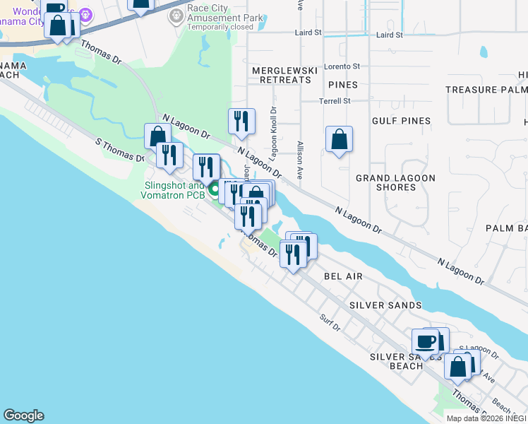 map of restaurants, bars, coffee shops, grocery stores, and more near 8730 Thomas Drive in Panama City Beach