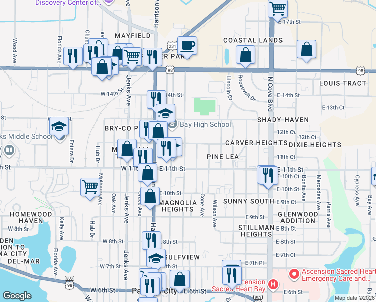 map of restaurants, bars, coffee shops, grocery stores, and more near 1112 Mc Kenzie Avenue in Panama City