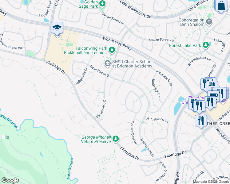 map of restaurants, bars, coffee shops, grocery stores, and more near 26 Thorn Berry Place in Spring