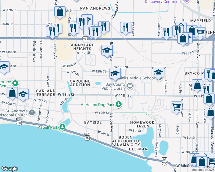 map of restaurants, bars, coffee shops, grocery stores, and more near 1000 West 11th Court in Panama City