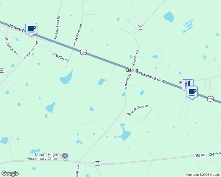 map of restaurants, bars, coffee shops, grocery stores, and more near 126 South Berlin Road in Brenham