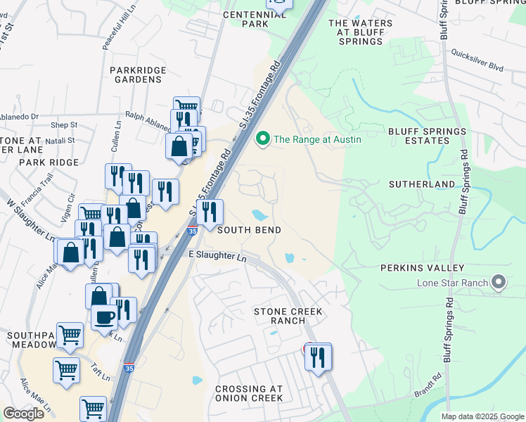 map of restaurants, bars, coffee shops, grocery stores, and more near 310 East Slaughter Lane in Austin